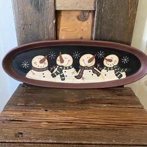 Primitive Oval Wooden Snowmen Tray
